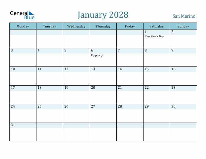 January 2028 Calendar with Holidays