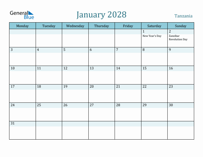 January 2028 Calendar with Holidays