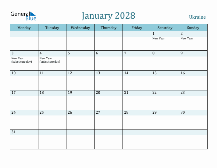 January 2028 Calendar with Holidays