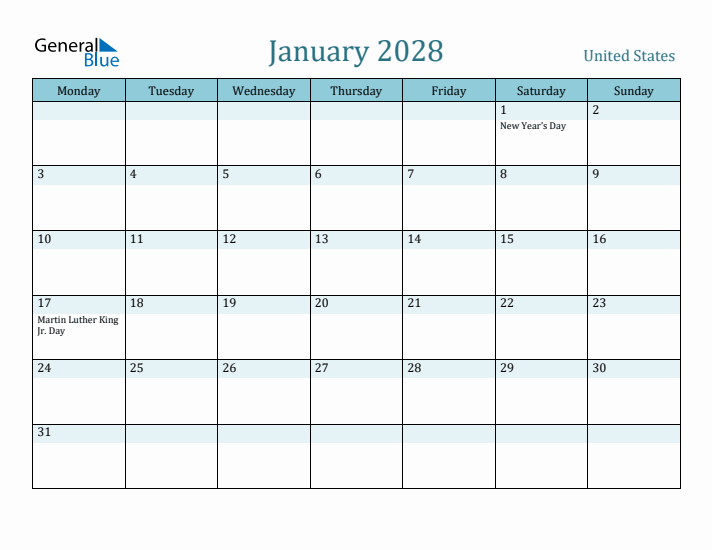 January 2028 Calendar with Holidays