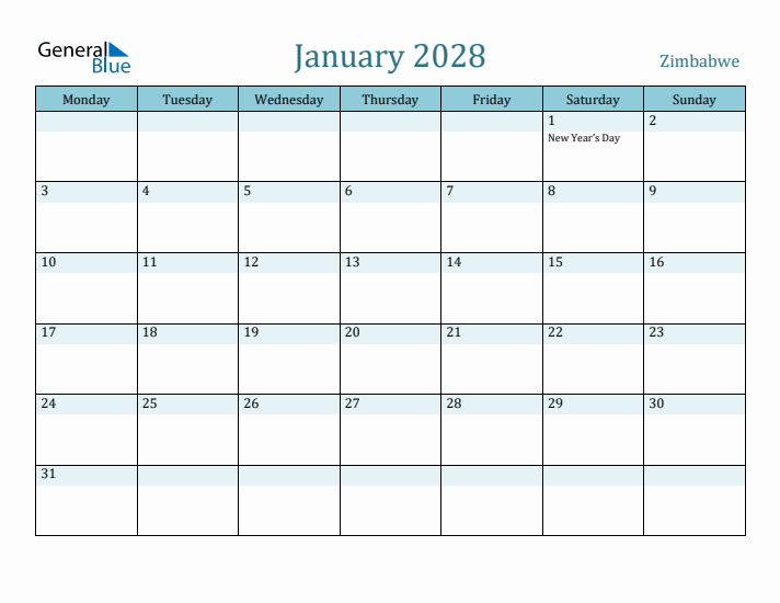 January 2028 Calendar with Holidays