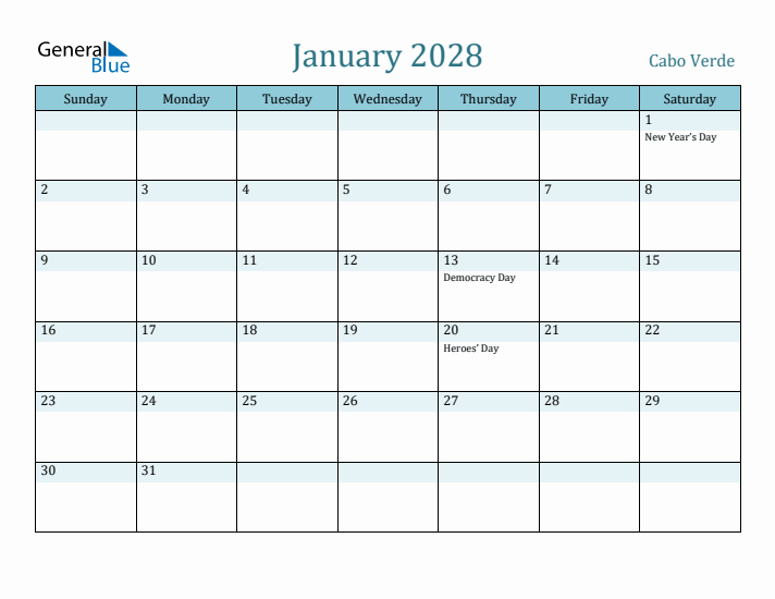 January 2028 Calendar with Holidays