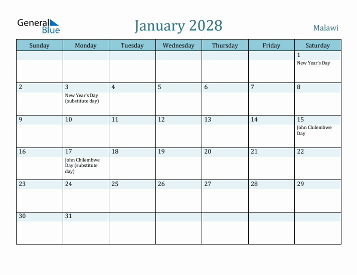 January 2028 Calendar with Holidays