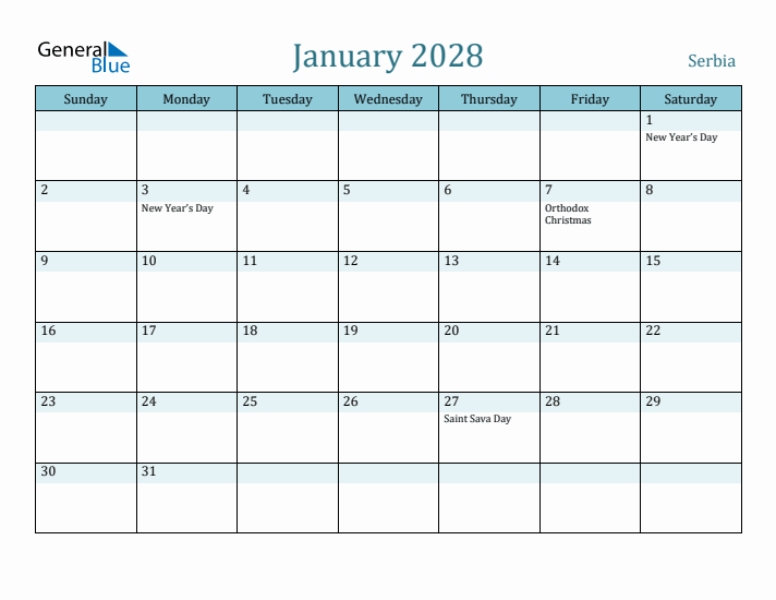 January 2028 Calendar with Holidays