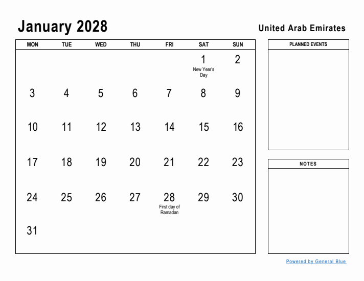 January 2028 Printable Monthly Calendar with United Arab Emirates Holidays