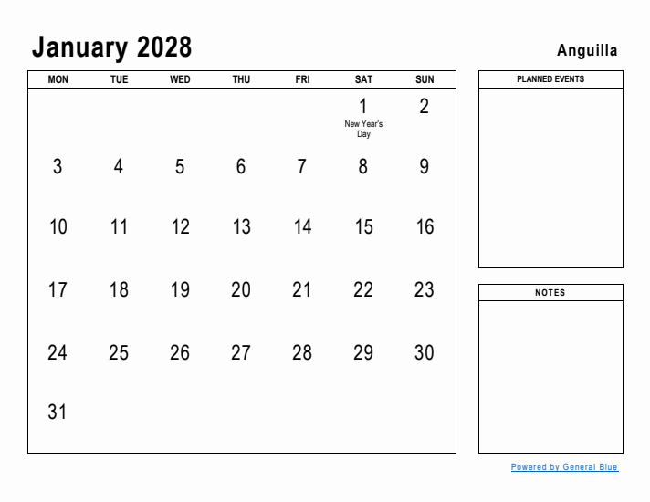 January 2028 Printable Monthly Calendar with Anguilla Holidays