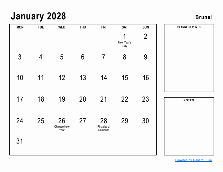 January 2028 Printable Monthly Calendar with Brunei Holidays