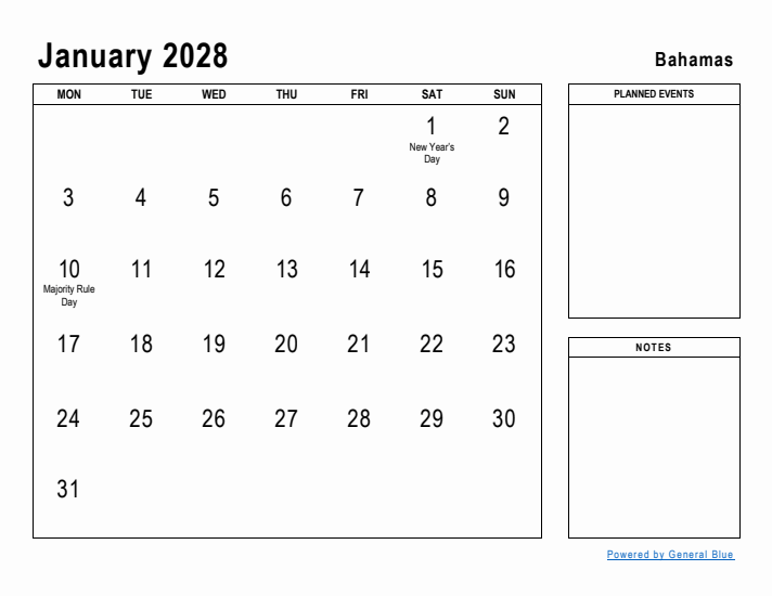 January 2028 Printable Monthly Calendar with Bahamas Holidays