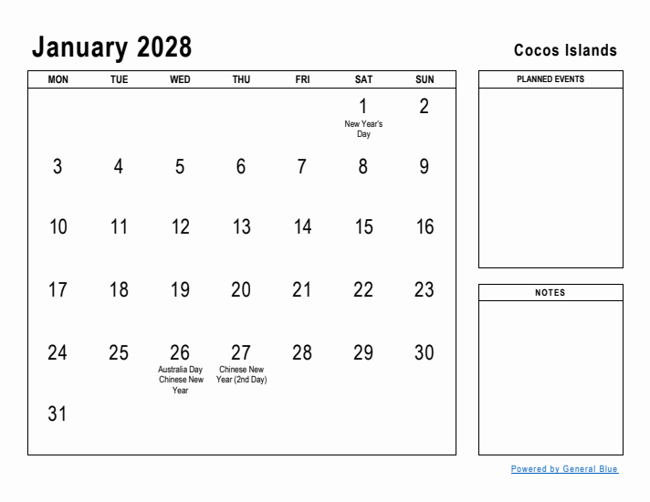 January 2028 Printable Monthly Calendar with Cocos Islands Holidays