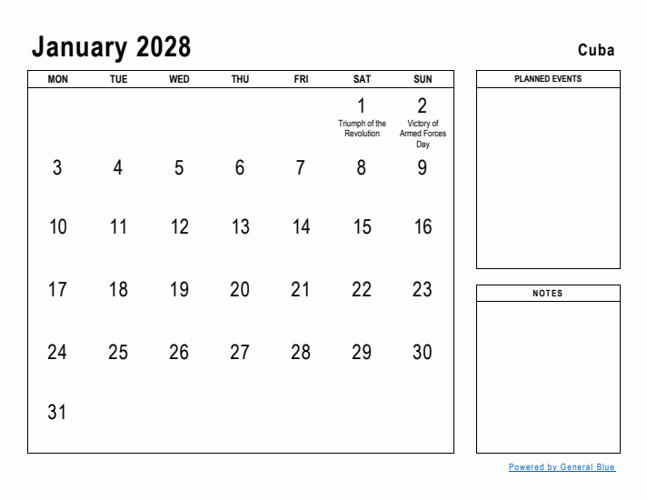 January 2028 Printable Monthly Calendar with Cuba Holidays