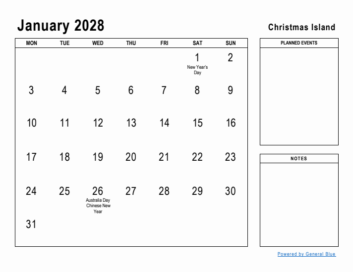 January 2028 Printable Monthly Calendar with Christmas Island Holidays