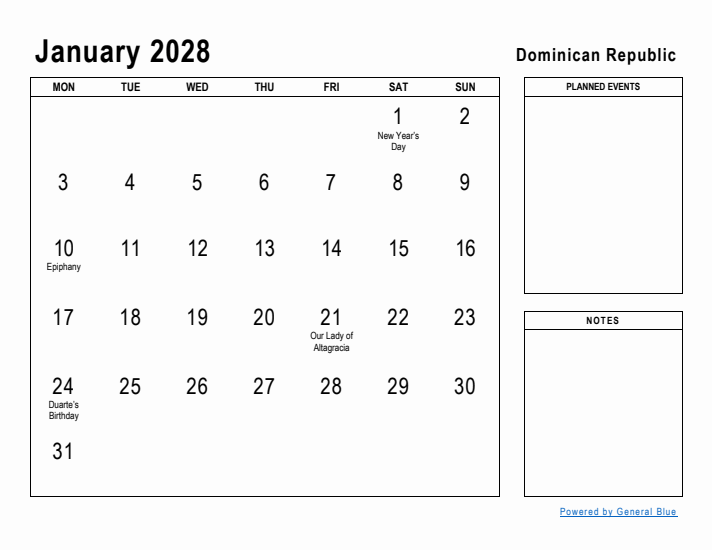 January 2028 Printable Monthly Calendar with Dominican Republic Holidays