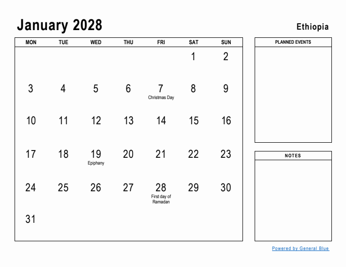 January 2028 Printable Monthly Calendar with Ethiopia Holidays