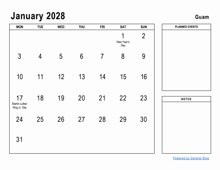 January 2028 Printable Monthly Calendar with Guam Holidays