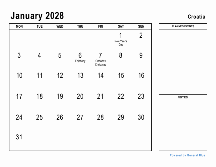 January 2028 Printable Monthly Calendar with Croatia Holidays