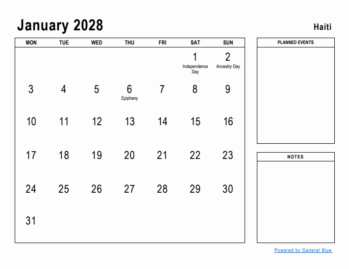 January 2028 Printable Monthly Calendar with Haiti Holidays