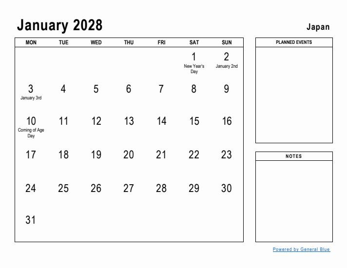 January 2028 Printable Monthly Calendar with Japan Holidays