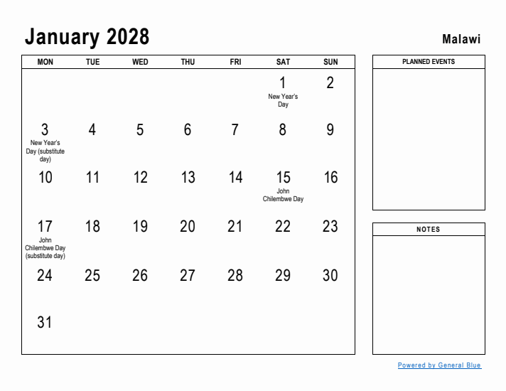 January 2028 Printable Monthly Calendar with Malawi Holidays