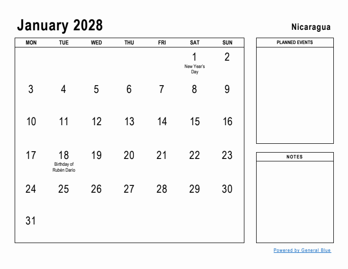 January 2028 Printable Monthly Calendar with Nicaragua Holidays