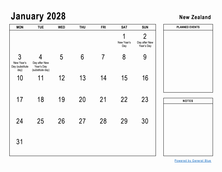 January 2028 Printable Monthly Calendar with New Zealand Holidays