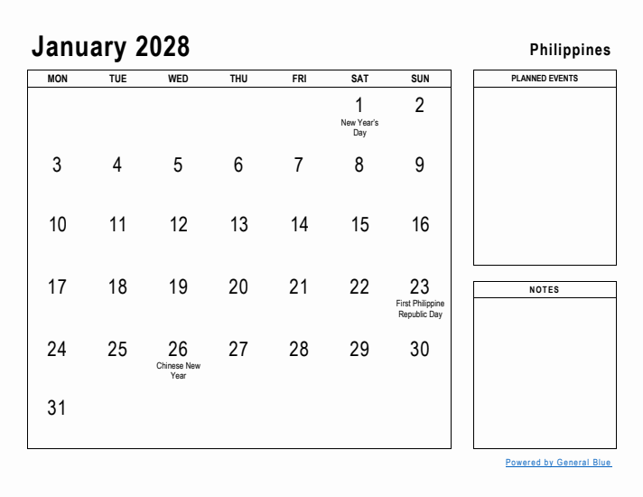 January 2028 Printable Monthly Calendar with Philippines Holidays