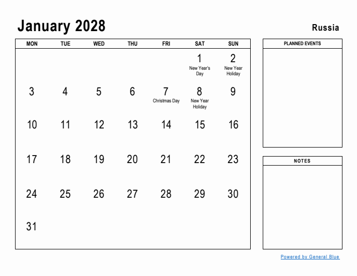 January 2028 Printable Monthly Calendar with Russia Holidays