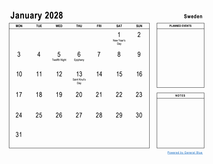 January 2028 Printable Monthly Calendar with Sweden Holidays