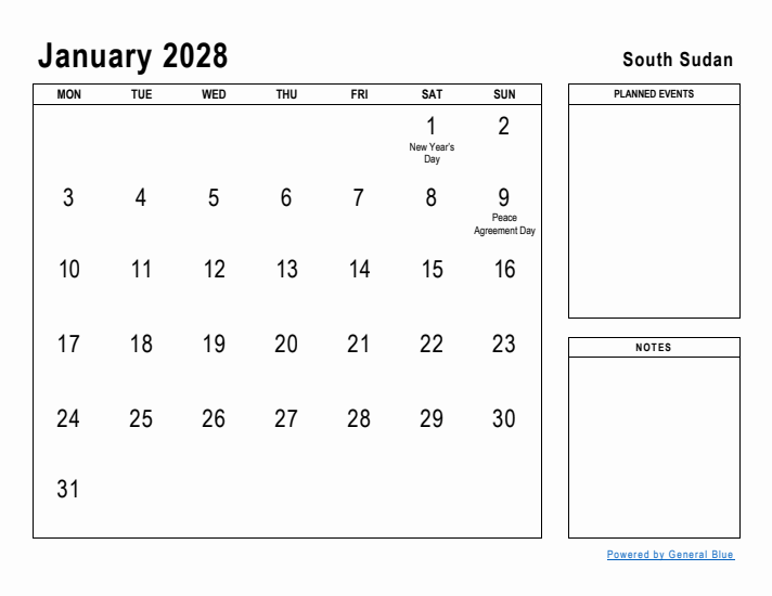 January 2028 Printable Monthly Calendar with South Sudan Holidays