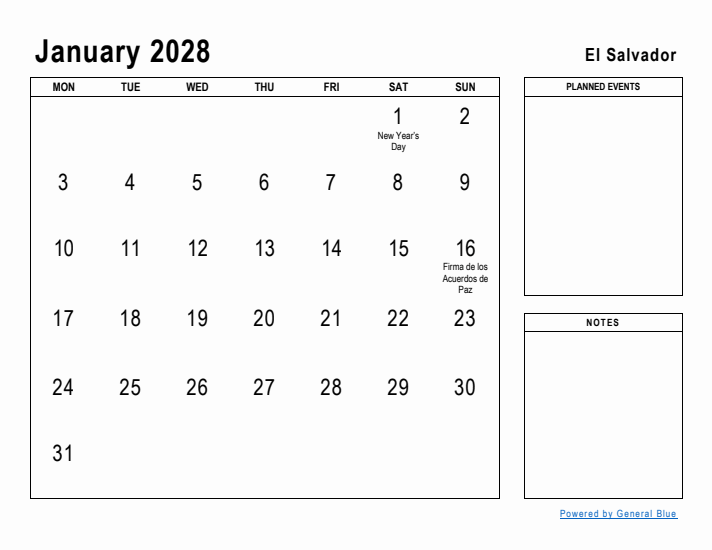 January 2028 Printable Monthly Calendar with El Salvador Holidays