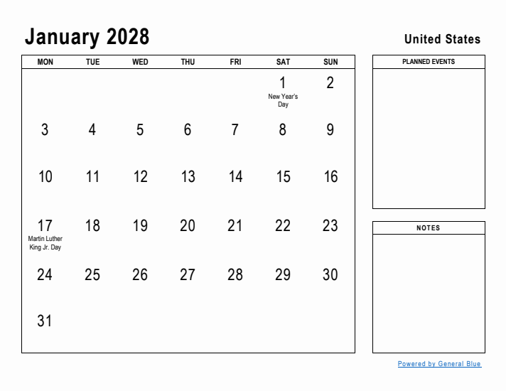 January 2028 Printable Monthly Calendar with United States Holidays