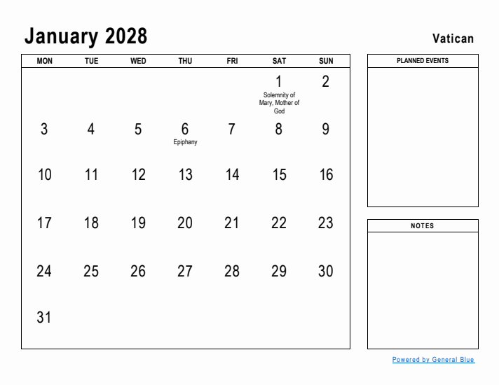 January 2028 Printable Monthly Calendar with Vatican Holidays