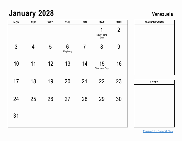 January 2028 Printable Monthly Calendar with Venezuela Holidays