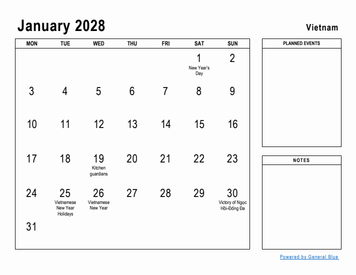 January 2028 Printable Monthly Calendar with Vietnam Holidays