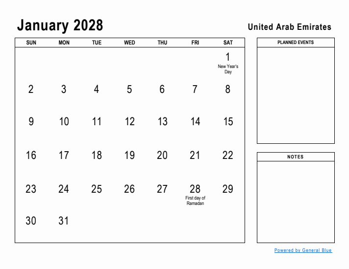 January 2028 Printable Monthly Calendar with United Arab Emirates Holidays