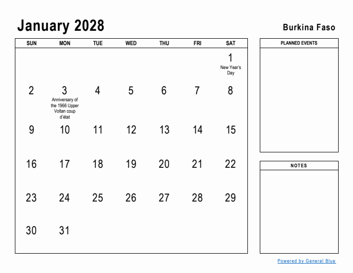 January 2028 Printable Monthly Calendar with Burkina Faso Holidays