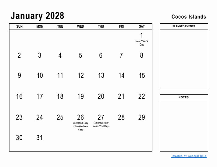 January 2028 Printable Monthly Calendar with Cocos Islands Holidays