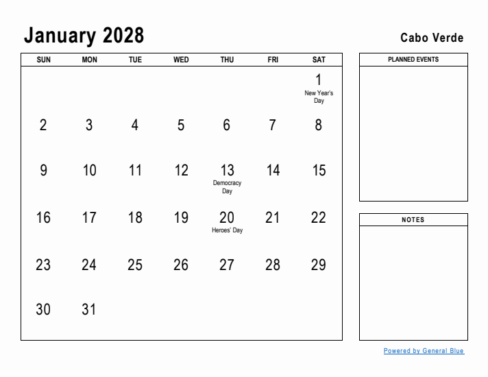 January 2028 Printable Monthly Calendar with Cabo Verde Holidays