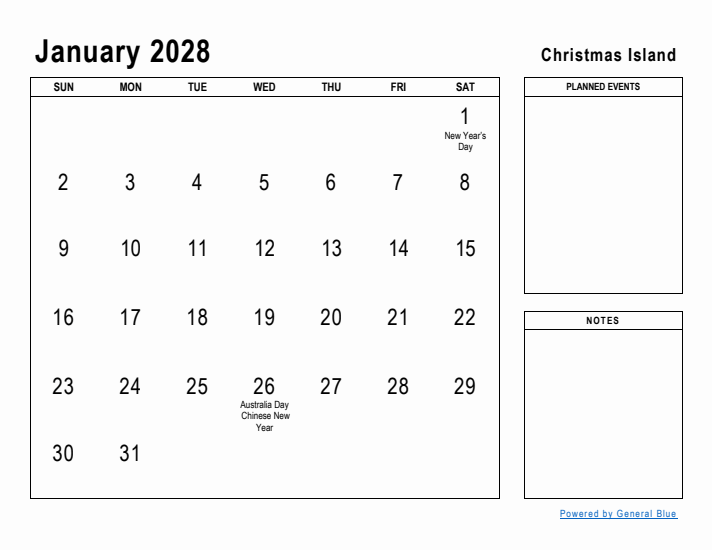 January 2028 Printable Monthly Calendar with Christmas Island Holidays