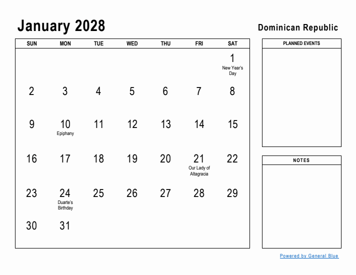 January 2028 Printable Monthly Calendar with Dominican Republic Holidays