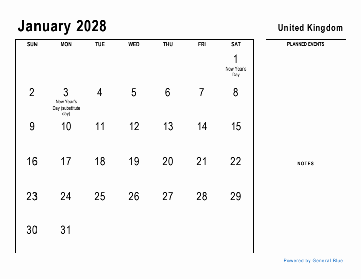 January 2028 Printable Monthly Calendar with United Kingdom Holidays