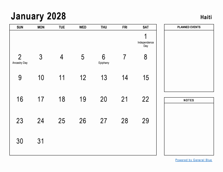 January 2028 Printable Monthly Calendar with Haiti Holidays