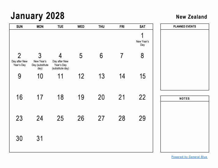 January 2028 Printable Monthly Calendar with New Zealand Holidays