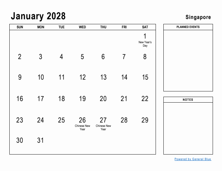 January 2028 Printable Monthly Calendar with Singapore Holidays