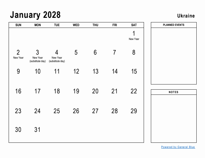 January 2028 Printable Monthly Calendar with Ukraine Holidays