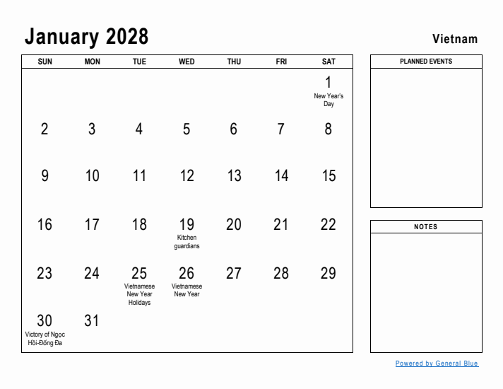 January 2028 Printable Monthly Calendar with Vietnam Holidays