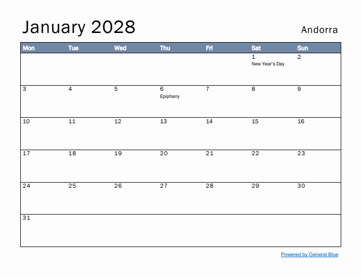 January 2028 Simple Monthly Calendar for Andorra