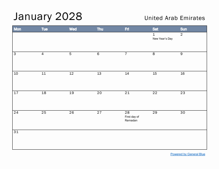 January 2028 Simple Monthly Calendar for United Arab Emirates