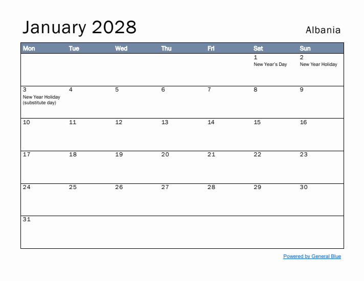 January 2028 Simple Monthly Calendar for Albania