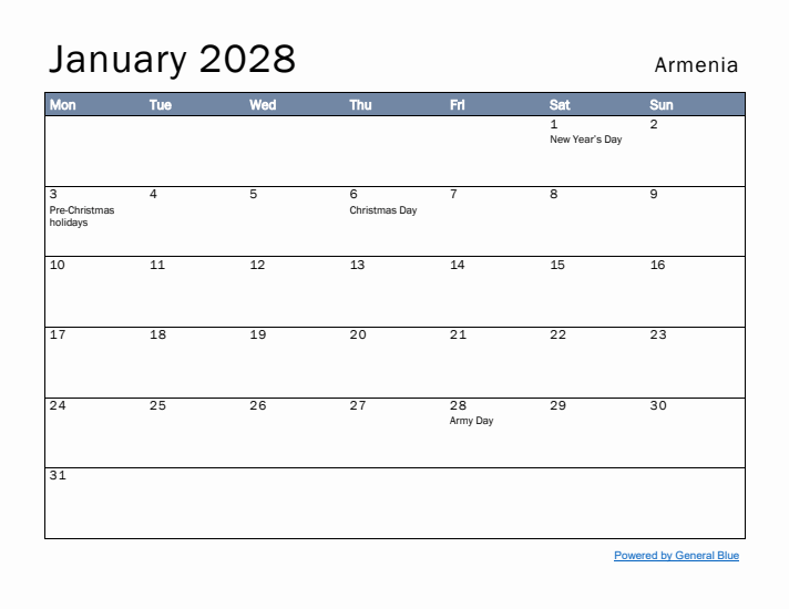 January 2028 Simple Monthly Calendar for Armenia