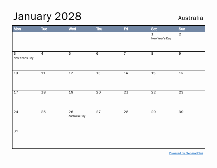 January 2028 Simple Monthly Calendar for Australia